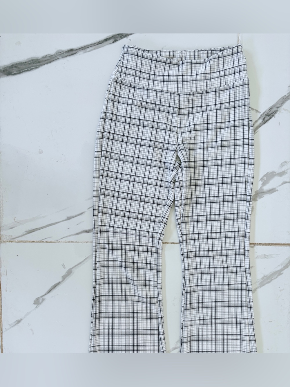 White & Black Windowpane Plaid Pants-Stretchy